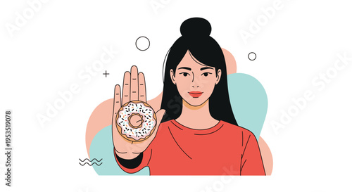 Young woman showing a stop hand gesture while holding a frosted donut with sprinkles to represent healthy eating choices and diet control.