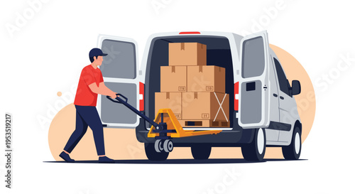 Delivery person wearing a red shirt using a yellow pallet jack to load or unload heavy cardboard boxes from the back of a white cargo van.