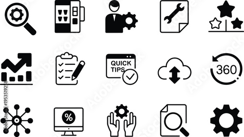 Black linear vector icons set for business management, technical support service, data analysis, cloud computing, optimization tools, professional development, and corporate workflow process symbols.
