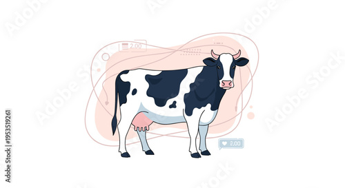 Detailed illustration of a black and white dairy cow standing against a soft abstract background with data icons and floating circles.