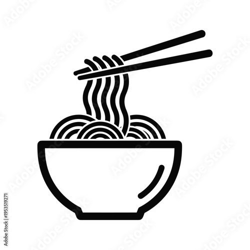 Noodle Bowl Icon with Chopsticks - Simple Black and White Vector