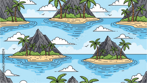 Tropical islands with palm trees and sandy beaches float amidst calm turquoise waters under a clear sky.