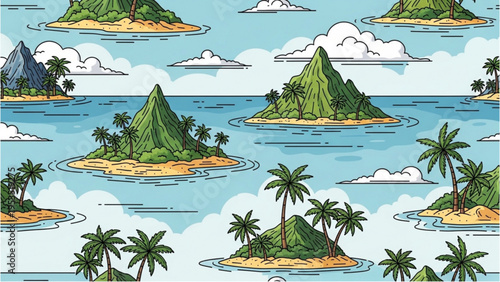 Tropical islands with palm trees rise from ocean waters under cloudy skies