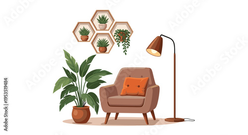 Peaceful reading nook featuring a comfortable brown armchair with an orange pillow, a floor lamp, and several green potted house plants.