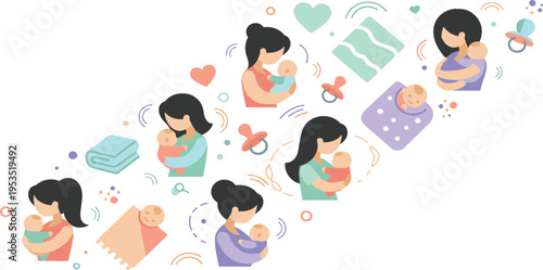 Mother and Baby Care Collection with Women Holding Feeding and Comforting Newborn Infants in Soft Cartoon Vector Illustration Style.