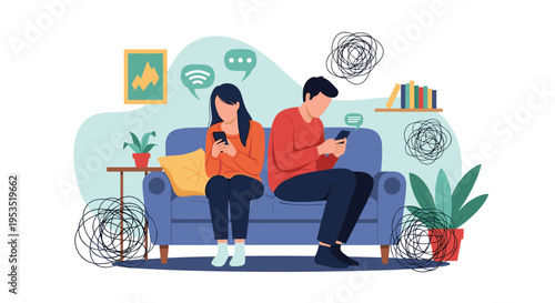 Couple sitting back to back on a blue sofa while ignoring each other and looking at their mobile phones in a modern living room.