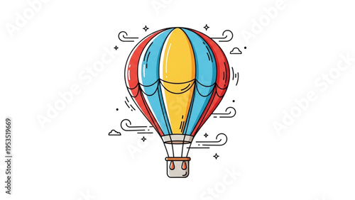 A colorful hot air balloon floats gently in the sky with clouds