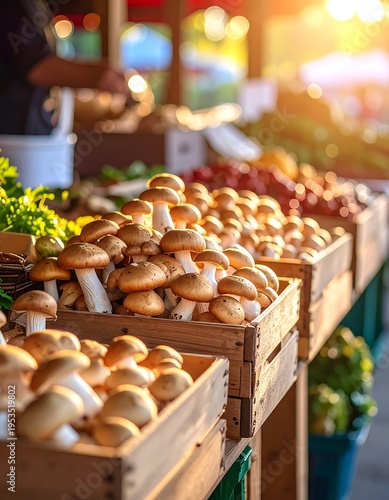 Close-up of mushrooms in wooden crates at a farmer's market, with other produce in the background, bathed in sunlight