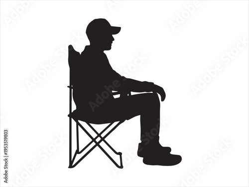 Vector detailed people sitting silhouette, Silhouette of man sitting on folding chair, outdoor leisure vector illustration
