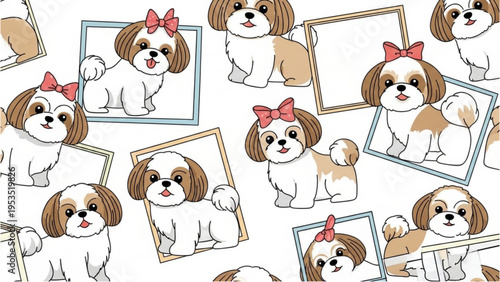 Cute dogs with bows in various picture frames on white background
