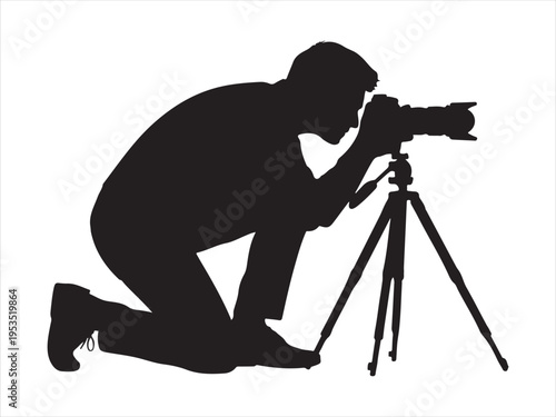 Silhouette of Photographer Shooting with Camera on Tripod, Professional Photography Vector Illustration