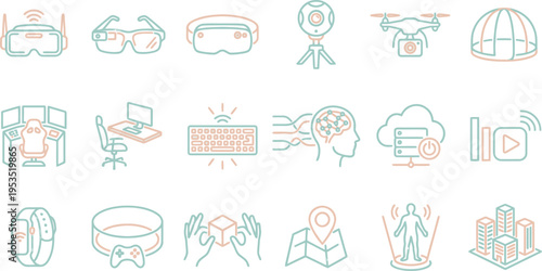 Collection of thin line icons representing virtual reality, augmented reality, and emerging technology concepts.