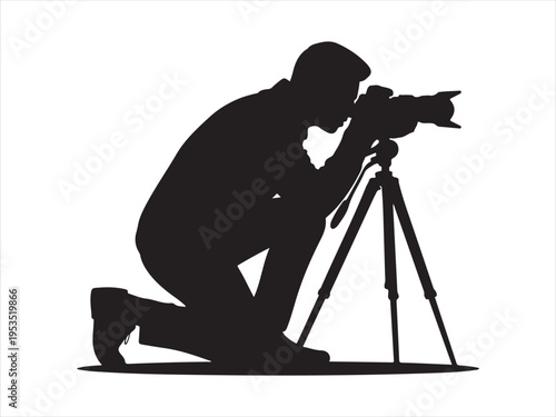 Silhouette of Photographer Shooting with Camera on Tripod, Professional Photography Vector Illustration