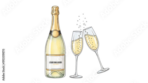Illustration of champagne bottle and glasses on a table indoors