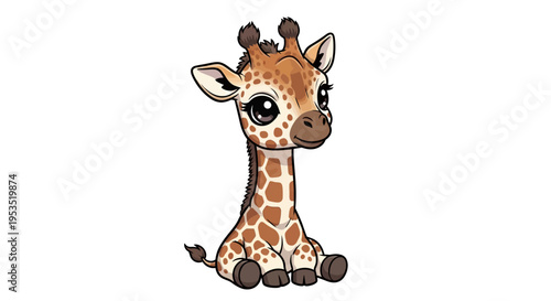 Small adorable baby giraffe sits sweetly displaying large innocent dark.