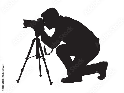 Silhouette of Photographer Shooting with Camera on Tripod, Professional Photography Vector Illustration