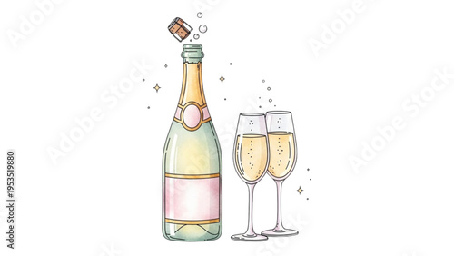 Champagne bottle opens with sparkling wine pouring into two glasses on a table