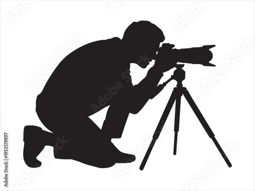 Silhouette of Photographer Shooting with Camera on Tripod, Professional Photography Vector Illustration