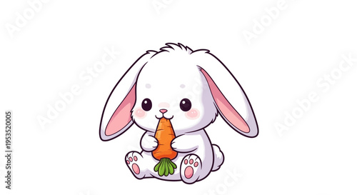 Charming white baby rabbit eating a bright orange carrot while sitting.