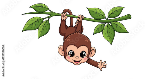 Cheerful small monkey happily swings from a green leafy tree branch.
