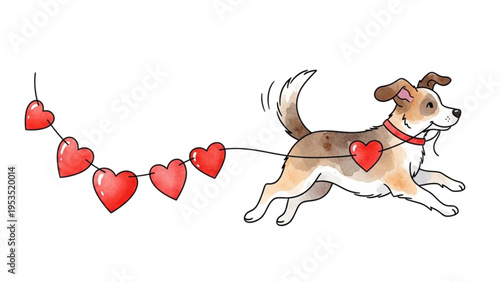 Dog runs with hearts on a string attached to its collar outdoors