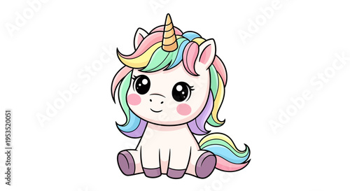 Charming multicolored unicorn foal sits with sparkling eyes on white.