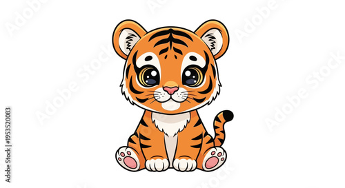 Cute baby tiger cub with large eyes sits looking forward illustration.