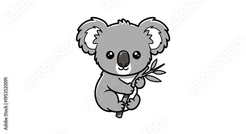 Little koala clings gently to a eucalyptus branch with soft fur.