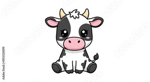 Cute cartoon baby cow sits down looking directly with large expressive.