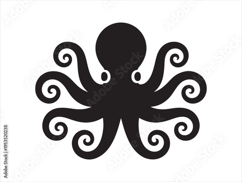 Black silhouette of an octopus with curled tentacles marine sea animal vector illustration