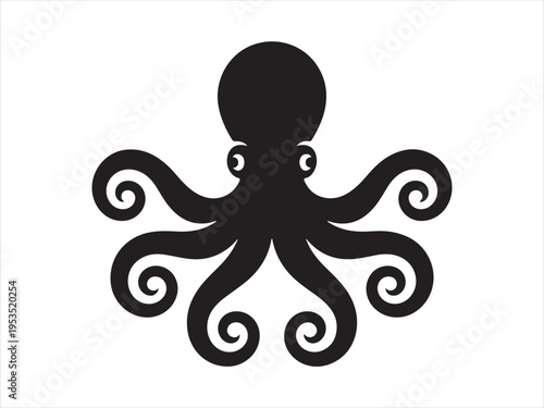 Black silhouette of an octopus with curled tentacles marine sea animal vector illustration