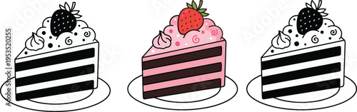 Set of three delicious chocolate and pink strawberry cake slices with whipped cream and berries on plates isolated on white background for bakery