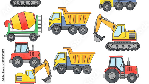 Construction vehicles gathered at a site with excavators and trucks