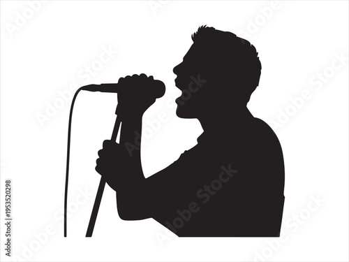 Silhouette of Man Singing with Microphone, Music Performance Vector Illustration