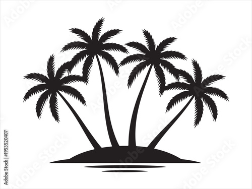 Tropical coconut, palm tree silhouette, Silhouette of palm trees on island, Tropical nature vector illustration