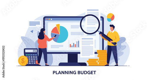 Man and woman working together to plan a family budget using a computer with financial charts, a calculator, and gold coins.