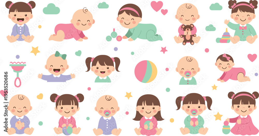 Fototapeta premium Cute Baby Girls and Toddlers Collection with Newborn Infants Sitting Crawling Playing and Holding Toys in Cartoon Vector Illustration Style.