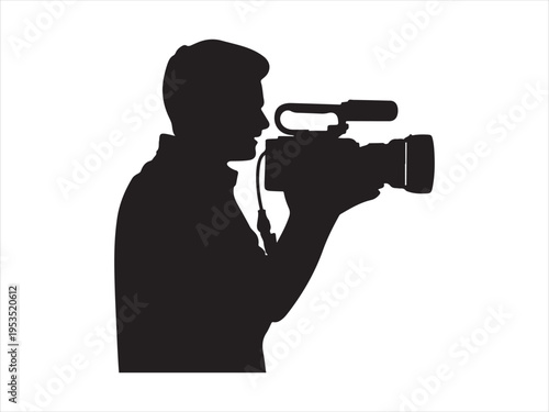 A professional cameraman silhouette carrying broadcast video camera media production vector illustration