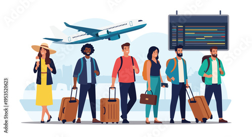 Diverse group of travelers with suitcases and backpacks standing in an airport terminal while an airplane takes off nearby.