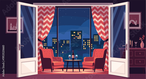 Romantic evening setting on a balcony with two armchairs and a bottle of wine overlooking a beautiful city skyline at night.