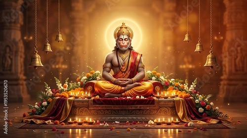 Lord Hanuman Meditating for Hanuman Jayanti in a Divine Temple Setting