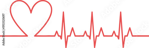 Red Heart Beat Line Vector Illustration with EKG Pulse Waveform for Medical and Health Design