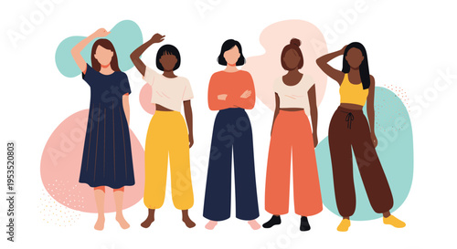 Diverse group of five women standing together in a row wearing different fashionable outfits against an abstract background.