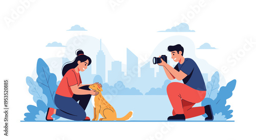 Male photographer taking a picture of a smiling woman petting a cat in an urban park with city skyscrapers in the distance.