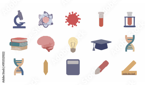 3D education and science icon set with school learning symbols including microscope atom books and graduation cap