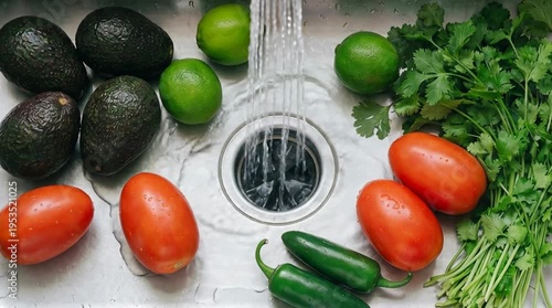 Vegetables in sink under running water in kitchen close-up