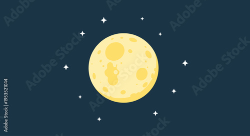 Full moon with shining stars on dark night sky background. Cosmos space concept. Vector illustration for astronomy, science, bedtime story project