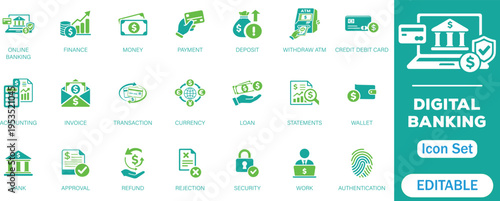 Digital banking editable solid icon set. Symbol fintech, security, finance, budget, money, bank, payment, withdraw, app UI, loan, balance, and more perfect icons collection.

