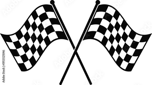 Waving checkered racing flags silhouette with crossed poles isolated on white background for auto racing competition sports events finish line victory and speed concepts
