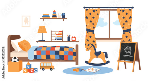 Comfortable children bedroom interior featuring colorful bed, wooden rocking horse, chalkboard, and various educational toys on shelves.